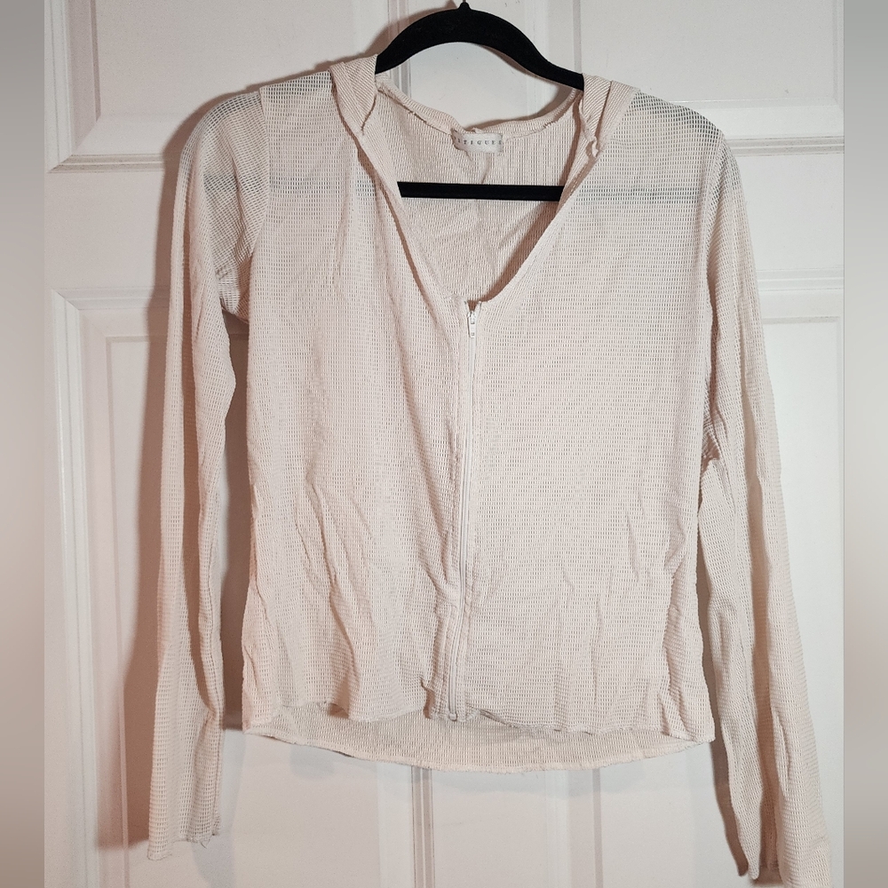 Fitigues Women's Off White Mesh Zip Up Hooded Top